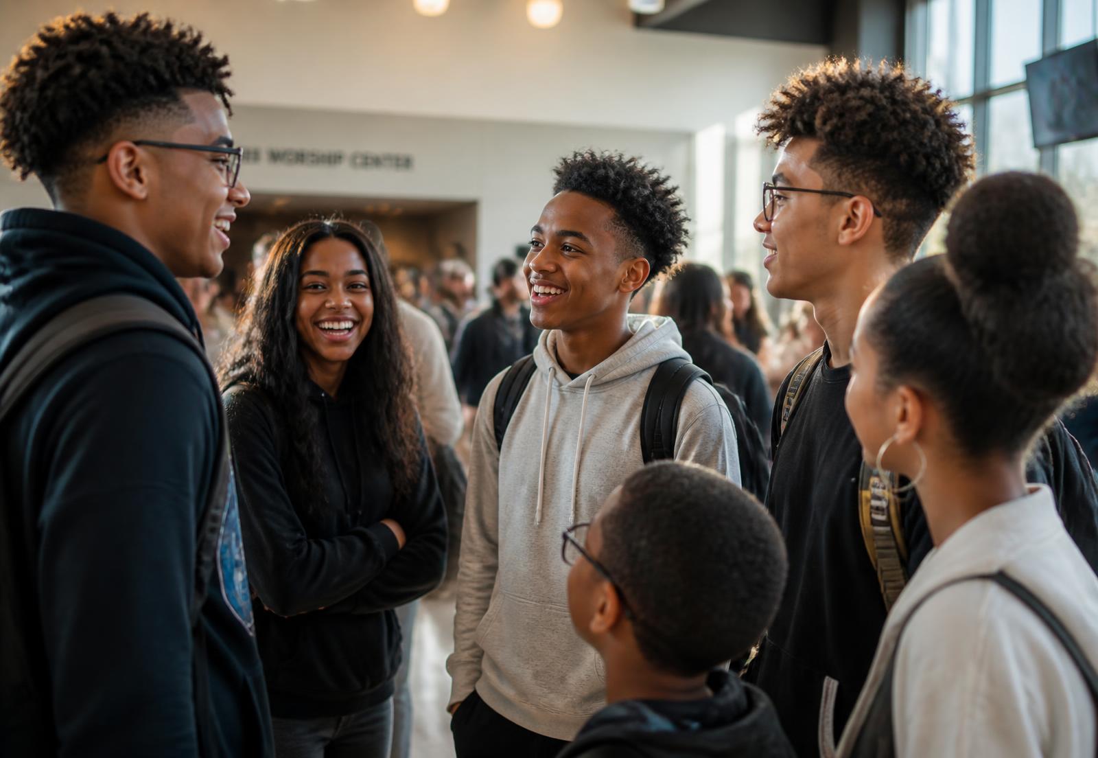 Citadel of Hope youth gathered together in the church lobby